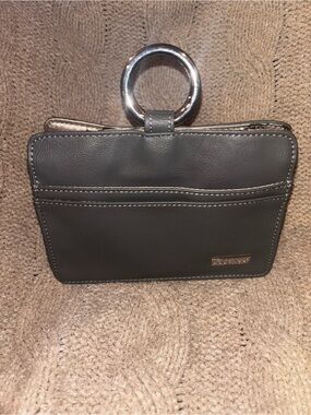 Gray Leather Pouchee Wristlet Wallet Purse Organizer w/ Ring Handle Pockets